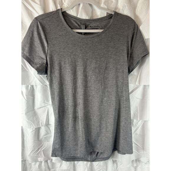 Athleta Womens Encore Tee M Cinched Open Back Short Sleeve Grey Knit Athletic - Picture 1 of 5